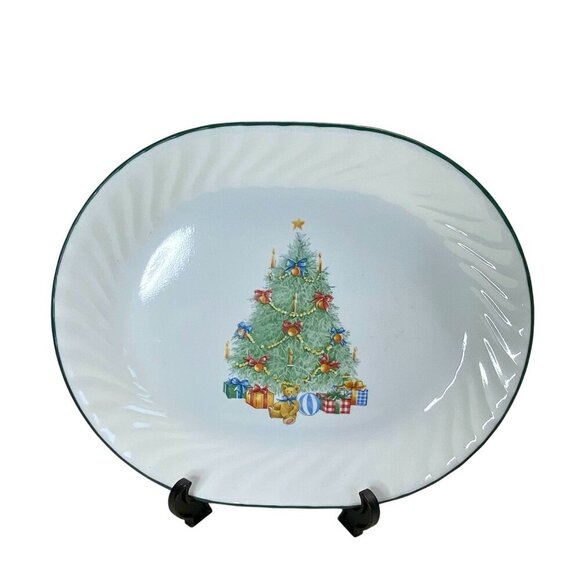 Vintage Corelle Christmas Tree Holiday Serving Platter With Green Trim 13" Oval - Picture 1 of 4